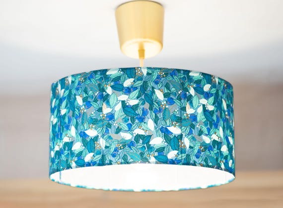 Lampe papier japonais motif feuillages bleu
