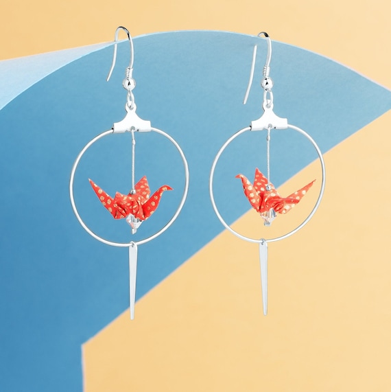 Silver plated red origami crane hoop earrings