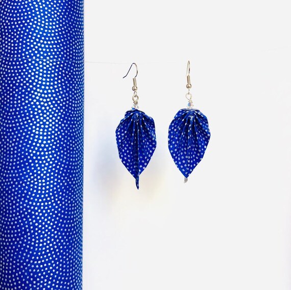 Origami leaves earrings royal blue polished washi paper