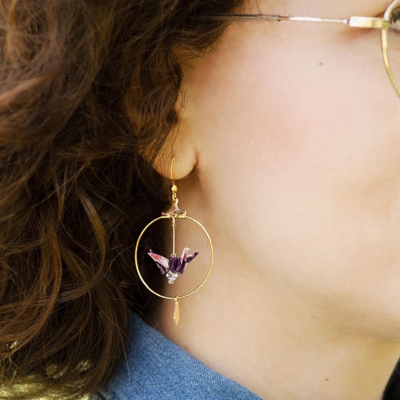 Purple origami cranes hoop earrings