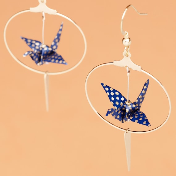 Origami crane earrings blue with golden polka dots