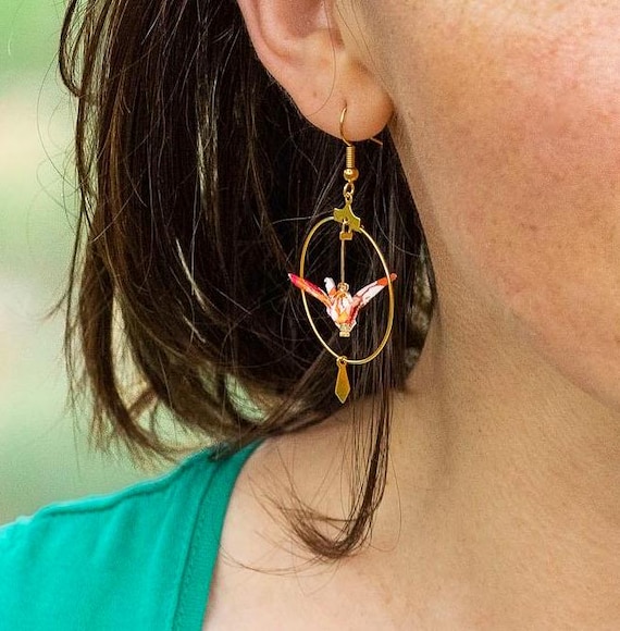 Golden or silvery origami cranes hoop earrings, goldplated