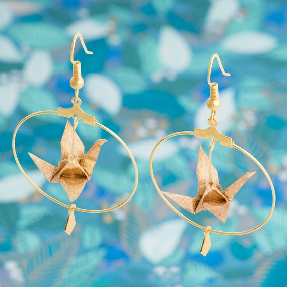 Golden or silvery origami cranes hoop earrings, goldplated