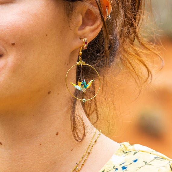 origami bird hoop earrings goldplated leaves patterns