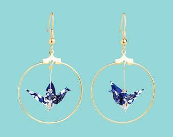 Dark blue and white origami bird hoop earrings, gift idea, handmade, origami hoops, origami birds