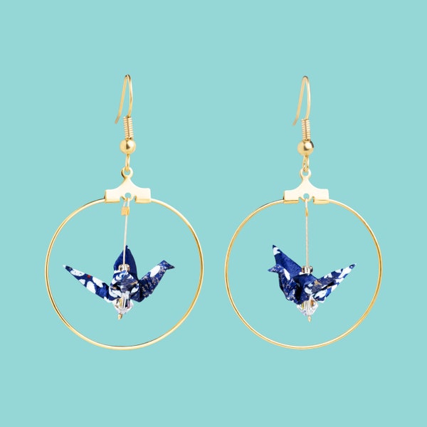 Dark blue and white origami bird hoop earrings, gift idea, handmade, origami hoops, origami birds