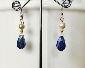 Lapis Lazuli and Fresh Water Pearl Earrings