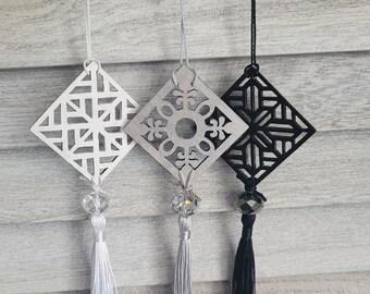 Set of (3) Small Wood Ornaments in Silver, Black, and White