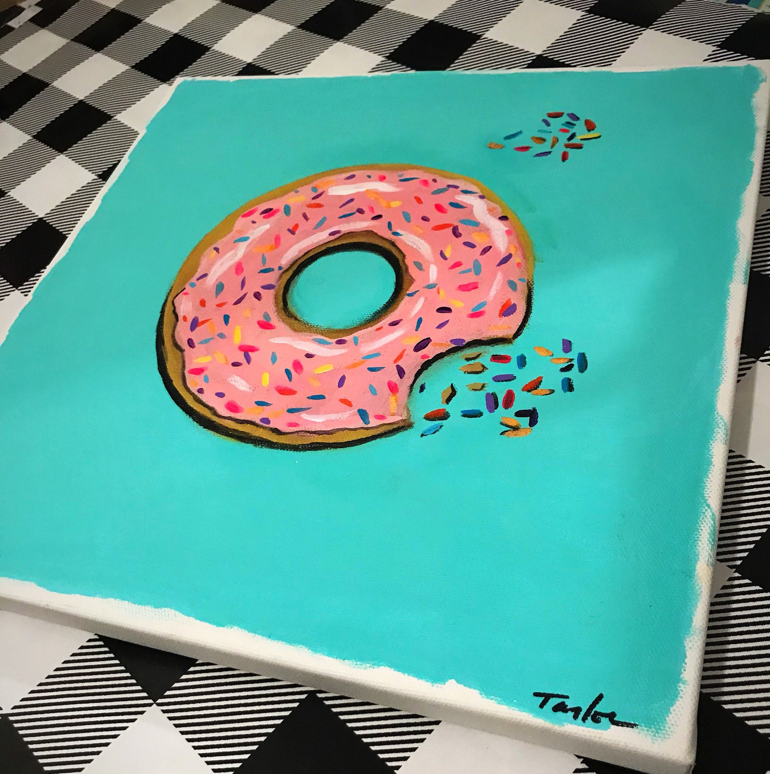 Pink and Teal Sprinkled Donut Painting Etsy