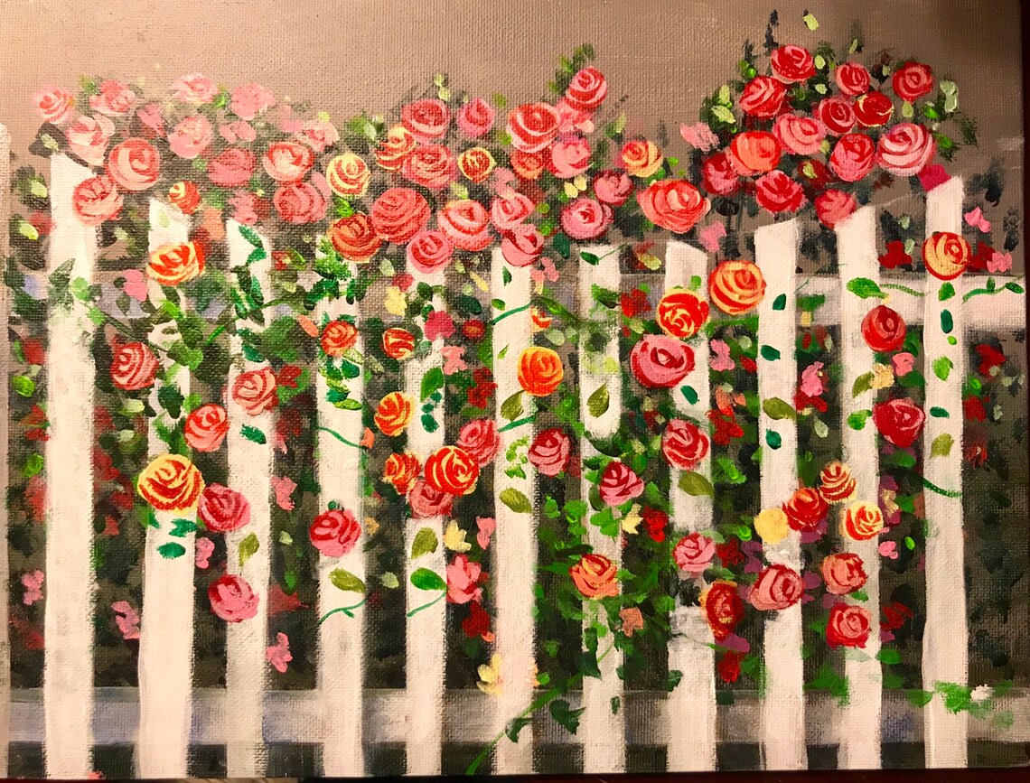 Picket Fence Roses Painting Climbing Roses Art Original Etsy