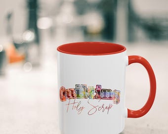May include: White ceramic mug with a red interior and handle. The mug features the word "Quilting" in colorful, patchwork-style letters, with "Holy Scrap" in cursive below. A perfect gift for quilters.