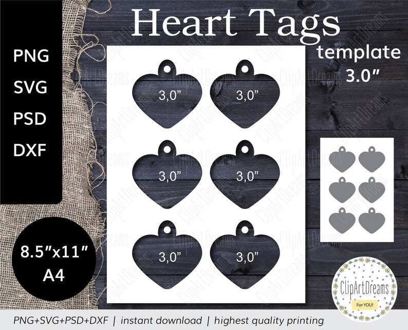 3,0 Valentine Tags template PNG PSD Formats Valentines Heart tag Instant Download 8.5x11 A4 Digital Svg Dxf cut file for Cricut Silhouette