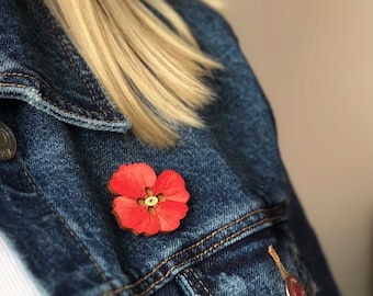 Wooden hand painted Poppy Brooch