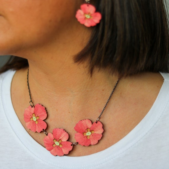 Hand Painted Laser Cut Wooden Flower Necklace Etsy UK
