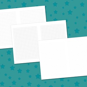 May include: Three blank pages with different paper styles: lined, grid, and dotted. The pages are white and are on a teal background with white stars.