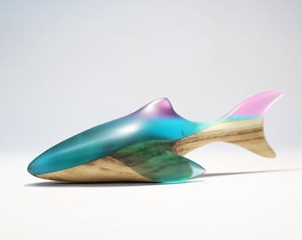 Duo shark, matte, Epoxy art, Wooden sculpture, Wood carving, Wooden shark, Space shark, Statuette carved by Yurii Myketka