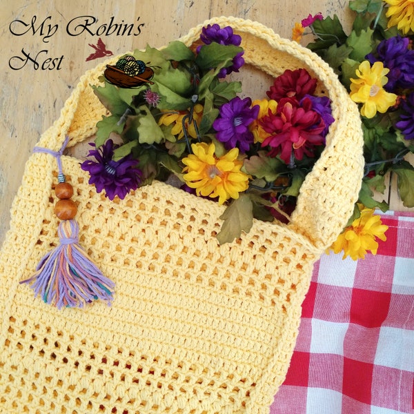 Totally Happy Tote (shopping bag) Yellow. Market bag has a boho look with a tassel.  Sturdy and washable - use it again and again.