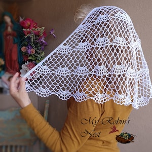 May include: White crocheted lace shawl with a scalloped edge. The shawl is draped over a person's head and shoulders.