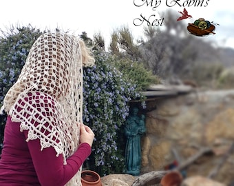 Mary's Garden Veil in Ecru (off white) Rectangle chapel veil for Catholic Mass.  Wear it as a shawl or scarf. 100% cotton hand wash crochet