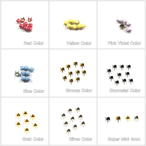 May include: Assortment of pyramid-shaped metal studs in various colours, including red, yellow, blue, bronze, gunmetal, gold, silver, and black. The studs are arranged in rows on a white background.  Super Mini 4mm.