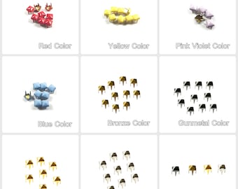 May include: Assortment of pyramid-shaped metal studs in various colors, including red, yellow, blue, bronze, gunmetal, gold, silver, and black. The studs are arranged in rows on a white background.  Super Mini 4mm.