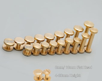 Solid Brass Screw Rivets Leather Fastener Studs, Thick & Sturdy 8/10mm Flat Chicago Rivets for Bag/Belt, Leather Craft Button Screw Hardware