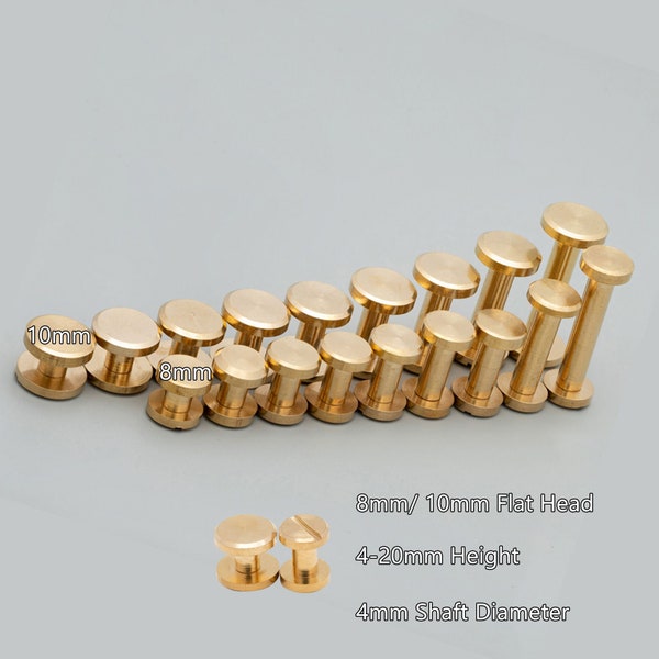 Solid Brass Screw Rivets Leather Fastener Studs, Thick & Sturdy 8/10mm Flat Chicago Rivets for Bag/Belt, Leather Craft Button Screw Hardware