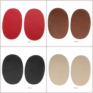 Op de afbeelding: Twee paar ovale leren patches in vier kleuren: rood, koffie, zwart en beige. De patches zijn gestikt langs de randen.