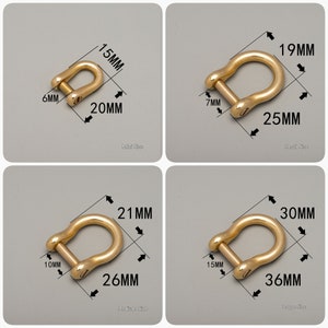 Puede incluir: Cuatro grilletes en forma de D de color latón en varios tamaños. El más pequeño mide 6 mm de ancho, 15 mm de alto y 20 mm de largo. El más grande mide 15 mm de ancho, 30 mm de alto y 36 mm de largo. Cada grillete tiene medidas.