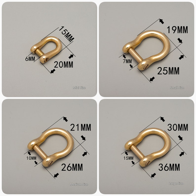 May include: Four brass-colored D-shackles in varying sizes. The smallest is 0.24 inches wide, 0.59 inches high, and 0.79 inches long. The largest is 0.59 inches wide, 1.18 inches high, and 1.42 inches long. Each shackle has measurements labeled.