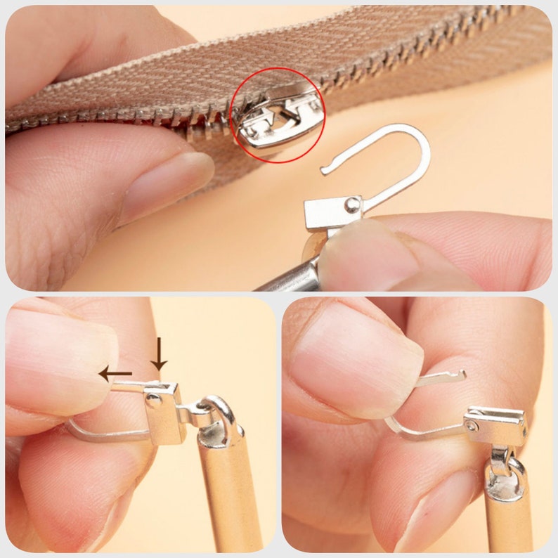 May include: Close-up of a silver zipper pull with a hook. The zipper pull is attached to a zipper on a brown fabric. The zipper pull is being held by a hand.