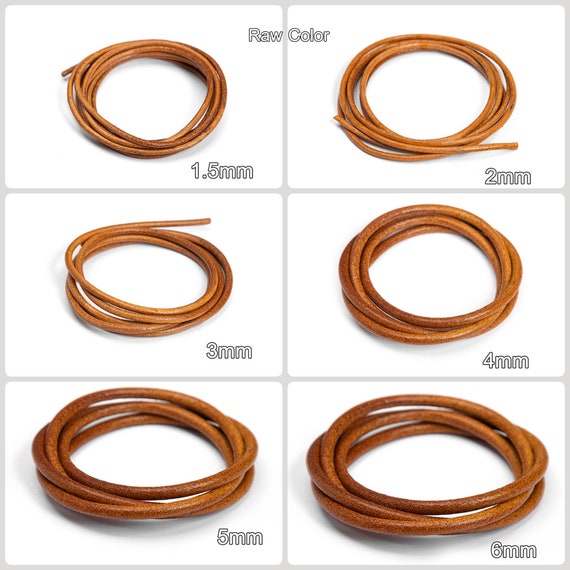 Genuine Round Leather Cord, Vegetable Tanned Leather Strap for DIY Braiding, Art and Craft Supplies (Raw Color/ Black/ Dark Coffee 1.5-6mm)