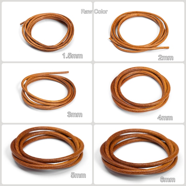 Genuine Round Leather Cord, Vegetable Tanned Leather Strap for DIY Braiding, Art and Craft Supplies (Raw Color/ Black/ Dark Coffee 1.5-6mm)