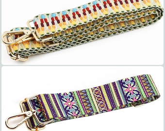 Nylon Bag Strap, Wide Bag Strap,Replacement Shoulder Bag Strap with Gold Hook,Bohemian Stripe Pattern,Adjustable Crossbody Bag Handle Supply