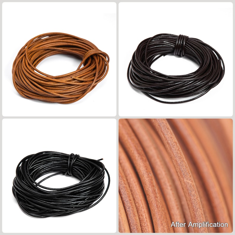 Genuine Round Leather Cord, Vegetable Tanned Leather Strap for DIY Braiding, Art and Craft Supplies (Raw Color/ Black/ Dark Coffee 1.5-6mm) image 2