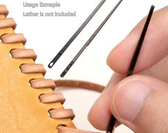 May include: Three metal leather sewing awls, two are laid flat on a white surface and one is being held by a hand, threading it through a leather strap. The text "Usage Exmaple Lether is not included" is visible in the top left corner of the image.