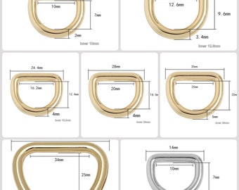 Seamless D Rings for Strap Bag Purse Belt Leather Craft, Metal D Ring Loop Buckle, Gold Half Circle Handbag D-ring Inner 10/12/16/20/25/34mm