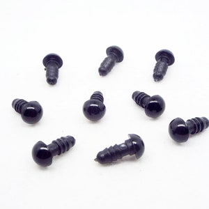 May include: Ten black plastic safety eyes with a screw-on back. The eyes are round and have a glossy finish.