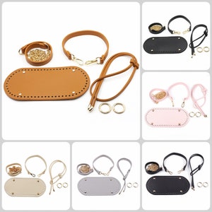 May include: Four sets of DIY handbag hardware in different colors: brown, pink, gray, and black. Each set includes a chain strap, a leather strap, a base, two rings, and two swivel clasps.