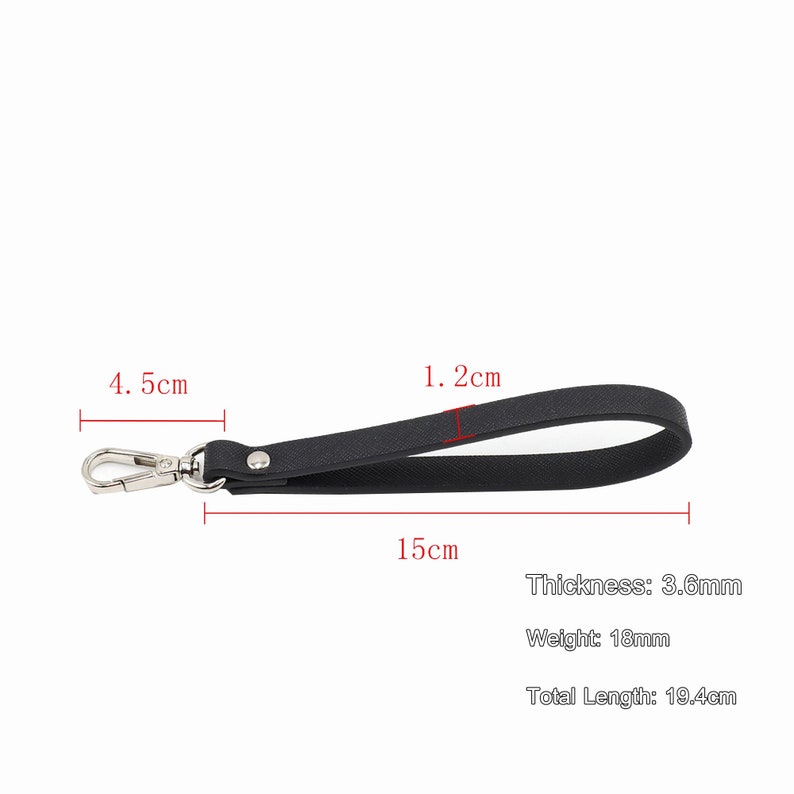 May include: Black leather strap with a silver hook and a total length of 19.4 cm. The strap is 1.2 cm wide and 3.6 mm thick.