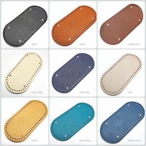 May include: Nine oval-shaped leather handbag base inserts in various colors, including black, brown, coffee, deep beige, deep blue, grey, khaki, light green, and medium blue.