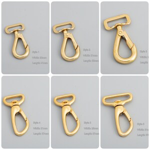 May include: Six gold-toned metal swivel clasps with different sizes. The clasps are shown against a white background. The clasps are labeled with the text "Style 1", "Style 2", "Style 3", "Style 4", "Style 5", and "Style 6". The text also includes the width and length of each clasp in millimeters.