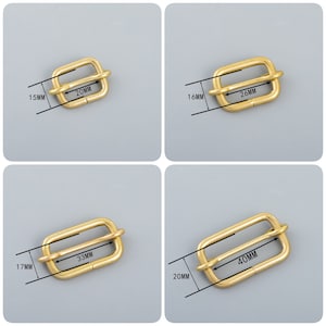 Puede incluir: Cuatro deslizadores de hebilla de cinturón de metal dorado en diferentes tamaños. Las hebillas son rectangulares con un acabado liso. Las medidas son 15 mm x 20 mm, 16 mm x 26 mm, 17 mm x 33 mm y 20 mm x 40 mm.