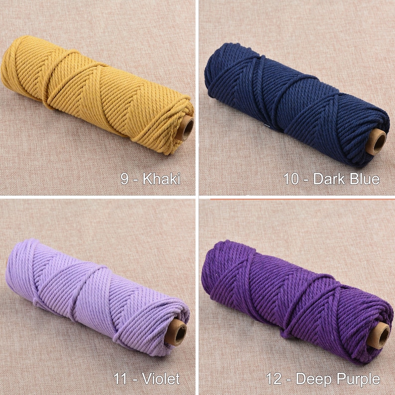 May include: Four spools of cotton rope in different colors: khaki, dark blue, violet, and deep purple. Each spool is labeled with a number and color name.