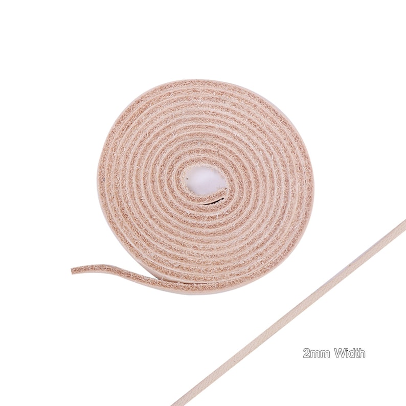 May include: A roll of light brown leather cord, 2 mm wide. The cord is rolled up and the end is extended to show the width.
