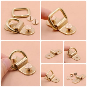 May include: A set of gold-toned metal hardware for leather goods, including D-rings, swivel hooks, and screw-on posts. The hardware is ideal for crafting bags, belts, and other leather accessories.
