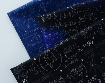 May include: Two fabric swatches with a black and white mathematical formula print. The fabric on top is black with white formulas and the fabric underneath is blue with white formulas.