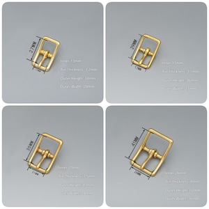 May include: Four gold-tone metal belt buckles of different sizes. The buckles are shown on a white background. The measurements of each buckle are listed in millimeters.  Inner 13mm, Pin Thickness: 3.2mm, Outer Height: 34mm, Outer Width: 20mm. Inner 17mm, Pin Thickness: 3.2mm, Outer Height: 36mm, Outer Width: 23mm. Inner 21mm, Pin Thickness: 3.5mm, Outer Height: 42mm, Outer Width: 28mm. Inner 26mm, Pin Thickness: 4mm, Outer Height: 50mm, Outer Width: 36mm.
