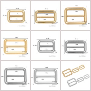 Puede incluir: Un conjunto de deslizadores de hebilla de cinturón de metal dorado y plateado en varios tamaños. Los deslizadores son rectangulares con dos barras horizontales. Las medidas de cada deslizador están etiquetadas en milímetros.