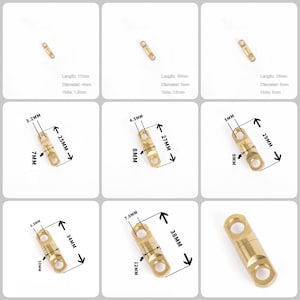Pode incluir: Um conjunto de seis conectores giratórios dourados em vários tamanhos. Os conectores são medidos em milímetros e são mostrados com setas que indicam o comprimento e a largura de cada conector.